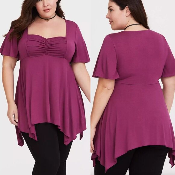 TORRID 1 Plus Size Babydoll Super Soft Ruched Sweetheart Neck Sharkbite Hem Top - Picture 1 of 16